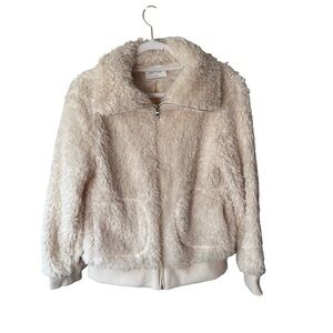 Urban Heritage Cream Fluffy Teddy Bomber Jacket Size S Cozy Neutral Sherpa